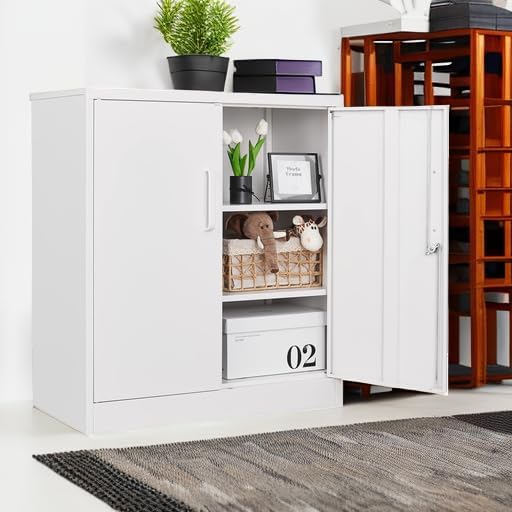 Letaya Metal Storage Cabinets with Lock, Small Locker Organizer Steel Cabinets, Adjustable Layers Shelves 2 Doors for Home, Office, Warehouse,Garage,Industrial,Employee Lockers (White-36)