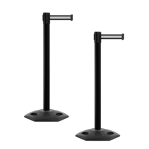 CCW Series WBB-200 Set of 2 Outdoor Safety Rubber Base Stanchion Retractable Belt Barriers - Easy to Assemble, No Tools Required(11 Foot Belt, Black with White Horizontal Stripe Belt with Black Post)