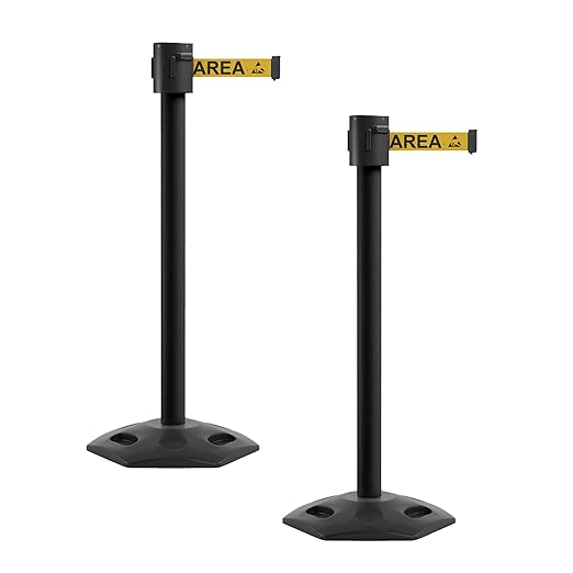 Montour Line MSR760 Set of 2 Retractable Belt Barrier Stanchion, Rubber Base, Black Powder Coated Post (35 ft Yellow with"ESD Protected Area" Black Letter ESD Logo Belt)