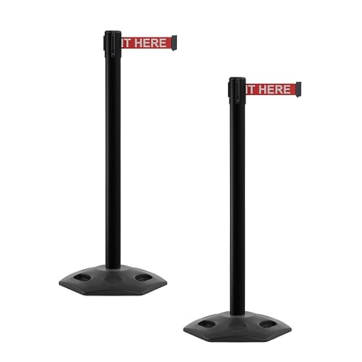 CCW Series WBB-200 Set of 2 Outdoor Safety Rubber Base Stanchion Retractable Belt Barriers - Easy to Assemble (11 Foot Belt, Red with"Please Wait HERE" White Letters Belt with Black Post)