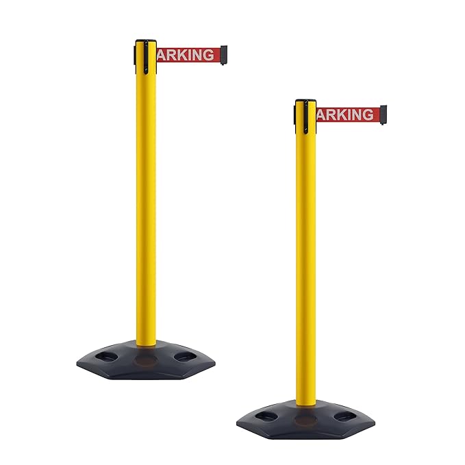 Crowd Control Warehouse CCW Series WBB-200 - Set of 2 Stanchion Retractable Belt Barriers - 11 Foot, Red"NO Parking" White Letters Belt with Yellow Post - Easy Assembly