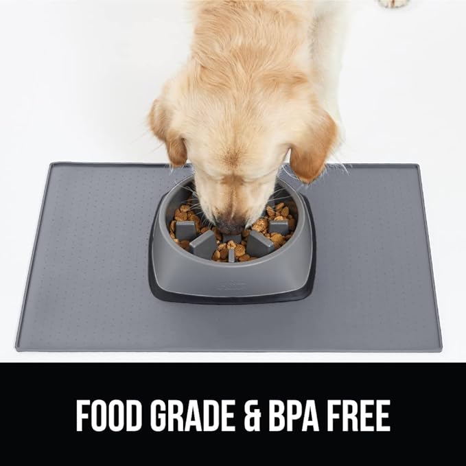 GORILLA GRIP 100% Waterproof Raised Edge BPA Free Silicone Pet Feeding Mat, Dog Cat Food Mats Contain Spills Protects Floors, Placemats for Cats and Dogs Water Bowl, Pets Accessories 23x15 Gray