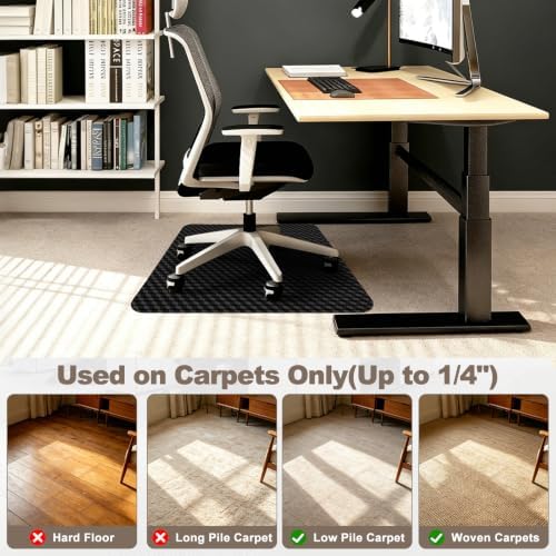 Chair Mat for Carpeted Floor, 3D Visual Black Gaming Chair Mat for Low Pile Carpets, 48"x36" Studded Bottom Carpet Protector, Non-Slip Floor Mat for Rolling Chairs, Home Office & Gaming Room