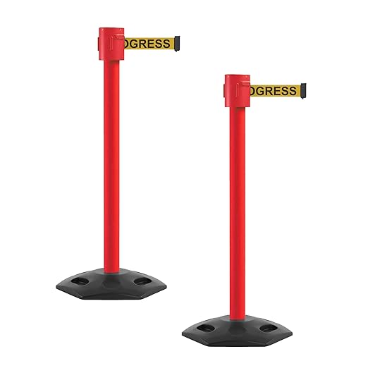 Montour Line MSR760 Set of 2 Retractable Belt Barrier Stanchion, Rubber Base, Red Post (35 ft Yellow with "Cleaning in Progress" Black Letters Belt)