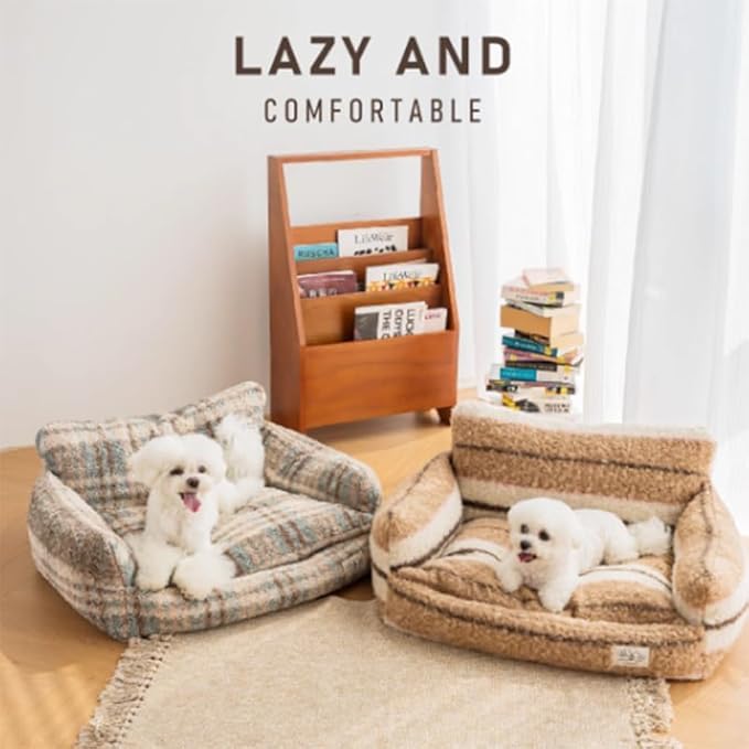 Lazy Holiday Plush Cozy Dog & Cat Sofa Bed, Teddy Velvet Dog Bed, Trendy Striped Faux Lambswool Double Layer Dog & Cat Sofa Bed Dogs Sleeping Mat for Medium Small Dogs & Cats (A-1,M)