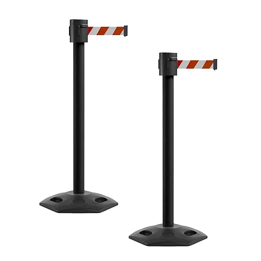 Montour Line MSR760 Set of 2 Retractable Belt Barrier Stanchion, Rubber Base, Black Powder Coated Post (35 ft Red and White Diagonal Belt)