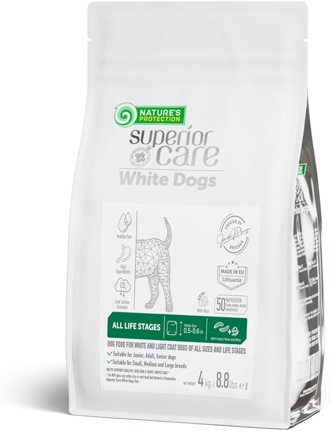 Nature's Protection Dry Dog Food for Puppy & Adult - High Protein Tear Stain Formula - Hypoallergenic Kibble for Small, Medium & Large Breed Dogs with Light Fur (Superior Care - Insect, 8.8 lb)