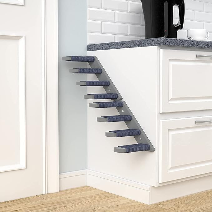Skywin Cat Steps - Grey Solid Rubber Wood Cat Stairs Great for Scratching and Climbing - Easy to Install Wall Mounted Shelves for Playful Cats (Grey)