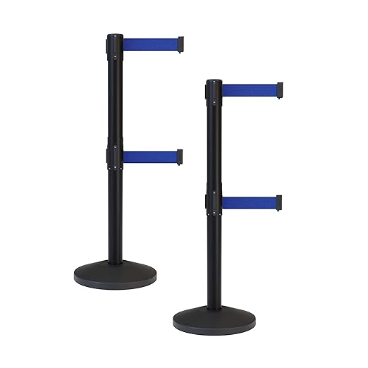 Crowd Control Warehouse CCW Series RBB-100D Set of 2 Stanchion Retractable Belt Barriers - Sloped Base, 11 Foot, Dark Blue Dual Belt with Black Post - Easy Assembly
