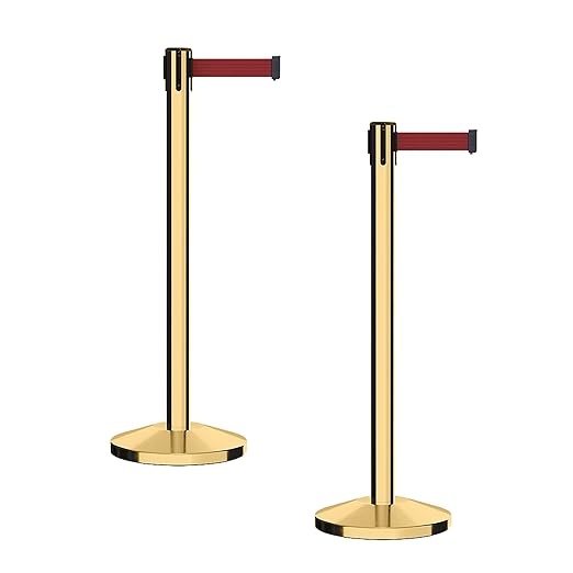 CCW Series RBB-100 - Set of 2 Stanchion Retractable Belt Barriers (7.5 Foot Belt, Maroon Belt with Polished Brass Post)