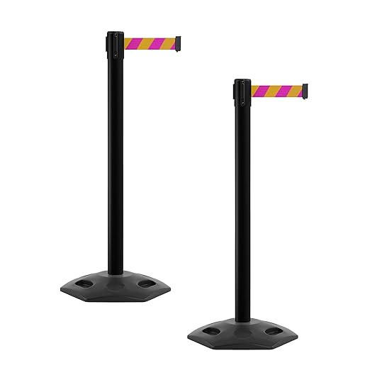 CCW Series WBB-200 Set of 2 Outdoor Safety Rubber Base Stanchion Retractable Belt Barriers - Easy to Assemble, No Tools Required (11 Foot Belt, Magenta and Yellow Diagonal Belt with Black Post)