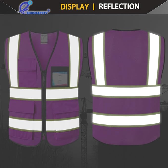 Purple Safety Vest for Men Women Reflective with 8 Pockets and Zipper Front Mesh High Visibility Vest Hi Vis Construction Work Vest,Meets ANSI/ISEA Standards(EKH1-Purple-XL)