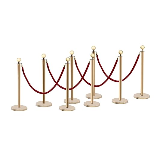 8 Pcs Stanchions with Red Velvet Ropes Set, 4 Red Velvet Ropes and 8 Stainless Steel Posts with Base, Runner Poles for Red Carpet Party Decoration Crowd Control Barriers (Golden)
