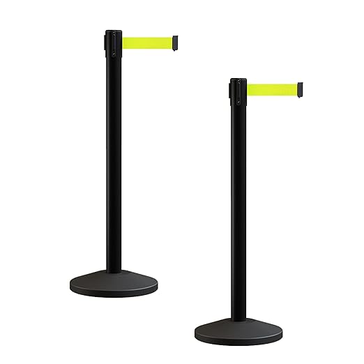 Crowd Control Warehouse CCW Series RBB-100 - Set of 2 Stanchion Retractable Belt Barriers - 7.5 Foot, Fluorescent Yellow Belt with Black Post - Easy Assembly