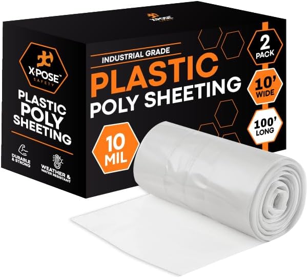Xpose Safety Clear Plastic Sheeting 2 Pack – 10' x 100' Rolls – Heavy Duty 10 Mil Poly Sheet – Waterproof, Dustproof, Vapor Barrier – for Construction, Painting, Industrial Use