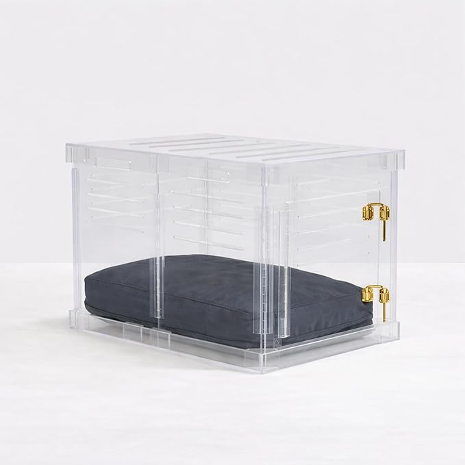 Clear Acrylic Small Dog Crate Furniture with Charcoal Cushion for Small Dogs up to 22 lbs, 3 in 1 Pet Crate and Gate, Modern Furniture Style Indoor Kennel, Dual Gold Latch, 16 x 24 x 18 in