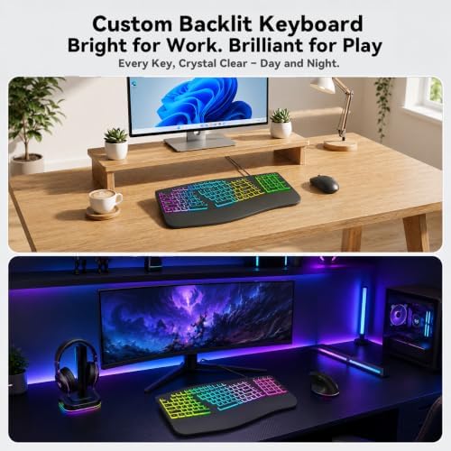 Wired Ergonomic Split Keyboard with RGB Backlight & Numpad, Black