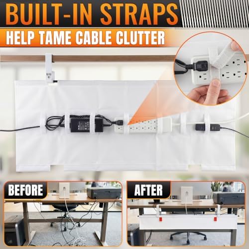 Under Desk Cable Management Tray 36" — No Drill Clamp-On Cord Organizer for Desk with Built-in Ties, Heavy Duty Metal Clamp, Foldable 600D Oxford Fabric for Home Office, WFH & Gaming PC Setup (White)
