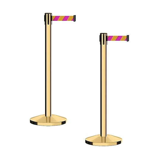 CCW Series RBB-100 - Set of 2 Stanchion Retractable Belt Barriers (9 Foot Belt, Magenta and Yellow Diagonal Belt with Polished Brass Post)