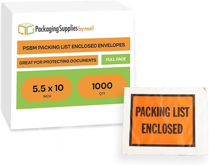 Packing List Enclosed Shipping Envelope 5.5"x10" Full Face Pouches Adhesive Bags Case of 1000