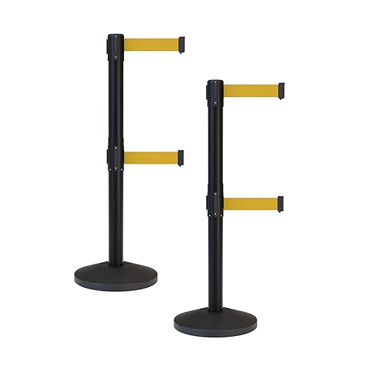 Crowd Control Warehouse CCW Series RBB-100D Set of 2 Stanchion Retractable Belt Barriers - Sloped Base, 11 Foot, Yellow Dual Belt with Black Post - Easy Assembly