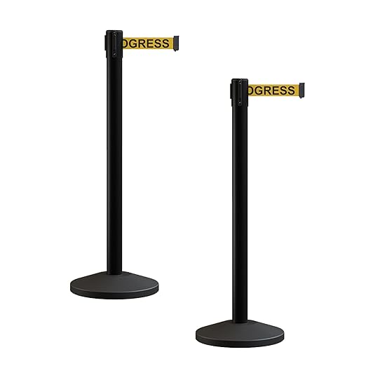 Crowd Control Warehouse CCW Series RBB-100 - Set of 2 Stanchion Retractable Belt Barriers - 11 Foot, Yellow"Cleaning in Progress" Black Letters Belt with Black Post - Easy Assembly