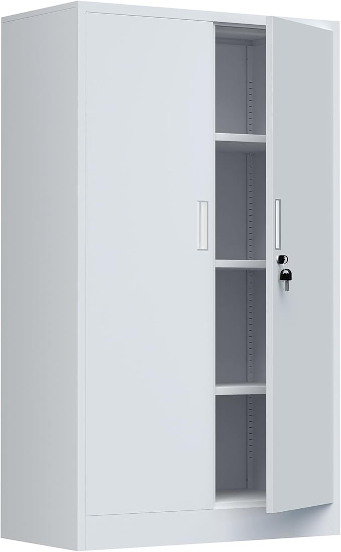 Metal Storage Cabinet with Locking Doors and 3 Adjustable Shelves, Lockable Storage Cabinets for Home Office Garage Kitchen Pantry (White)