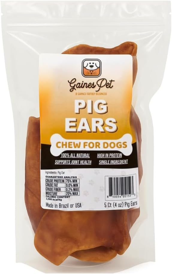 Gaines Pet Pig Ears for Dogs - 5 Pack, Thick Cut, All-Natural Whole Ears - No Additives Or Hormones, Safe Rawhide Alternative, Dental Health, Easy to Digest, Great for Small to Large Dogs