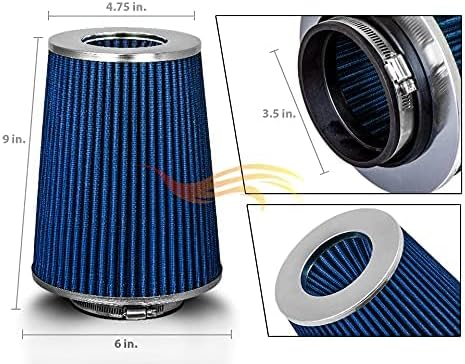 BLUE 3.5" 89 mm Inlet Truck Air Cone Replacement Performance Washable Clamp-On