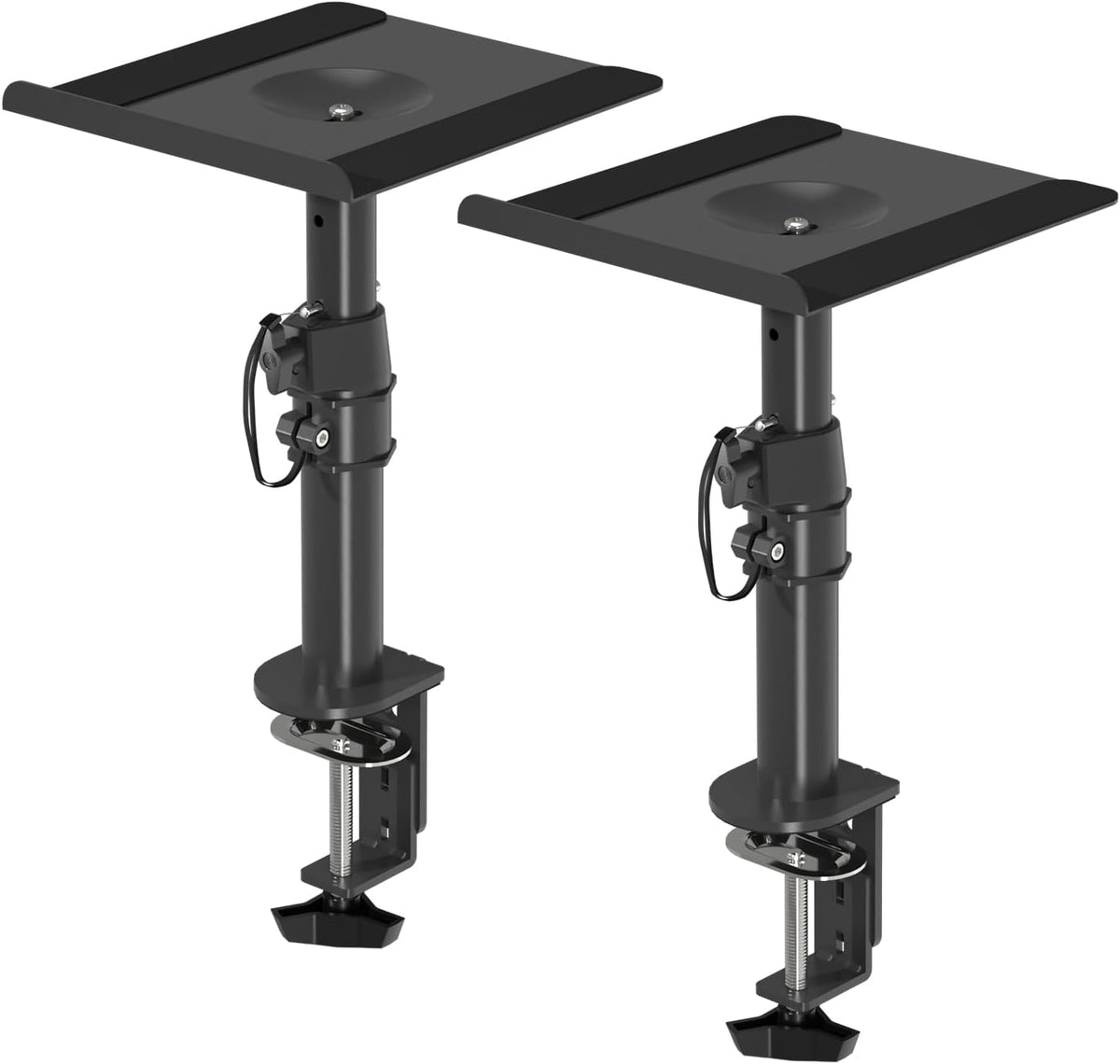 suptek Clamp-on Speaker Stand Desk Mount Set, Height Adjustment, Tilt, Swivel, 9.6 x 8.8 inch Trays, Universal Audio Holders for Computer and Bookshelf Speakers, Elevated Sound, 2 Pack, Black, SDM001B
