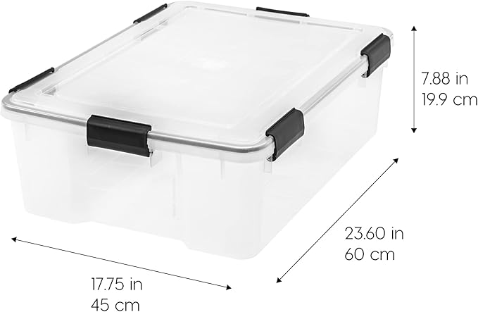 IRIS USA WeatherPro 41 Qt Storage Bins with Lids, 4 Pack, BPA-Free Plastic Gasket Box with Tight Latch and Seal, Stackable Nestable Tote Tub - Clear/Black