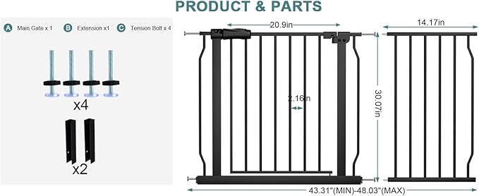 Extra Wide Pressure Mount Baby Gate Walk Through Auto Close White Metal Child Dog Pet Indoor Safety Gates for Stairs,Doorways,Kitchen and Living Room (43.31"-48.03"/110-122CM, Black)
