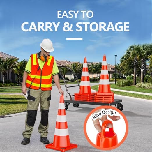 BATTIFE Traffic Safety Cones 36 Inch with Handheld, Orange Cones with Reflective Collar, Cones for Parking Lot, Sport & Driving Training, Road Safety, Construction Events (12 Cones)