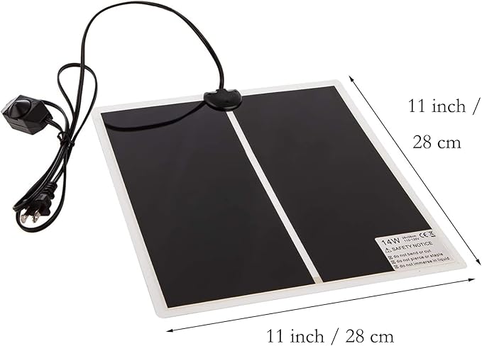 Reptile Heating Mat with Temperature Adjustment, Waterproof Reptile Heat Pad Under Tank Terrarium Heater for Amphibians, Small Animals, Seeding (14W - 11 x 11 in)