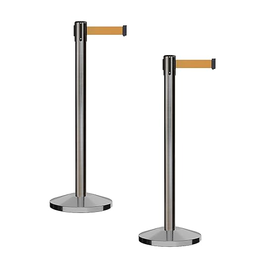 CCW Series RBB-100 - Set of 2 Stanchion Retractable Belt Barriers (7.5 Foot Belt, Brown Belt with Satin Stainless Steel Post)