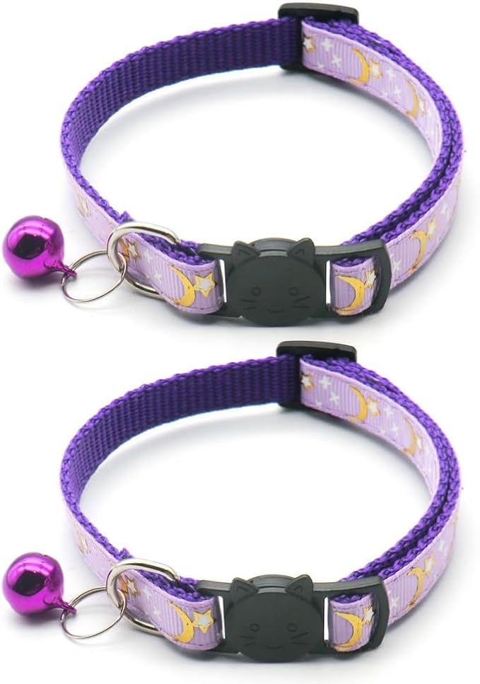 Reflective Cat Collars with Bell 2-Pack Girl Boy Pet Kitten Collar with Star Moon Patetrn Adjustable 7.5-12.5 Inch (Purple)