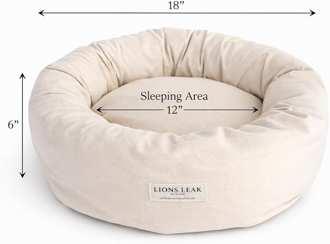 Organic Cotton Canvas Round Dog Bed – Removable Washable Cover, Natural Raw Cotton Fill, Supportive Bolster, Non-Toxic & Hypoallergenic, Made in USA (Natural, X Small 18" x 6" inches)