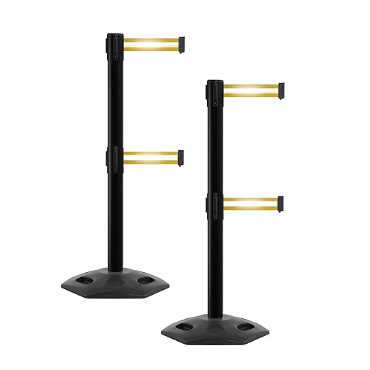 CCW Series WBB-200D - Set of 2 Retractable Dual Belt Barrier Stanchion, Heavy Duty Rubber Base, Black Post (9 Foot Belt, Yellow with Horizontal Reflective Stripe Belt)