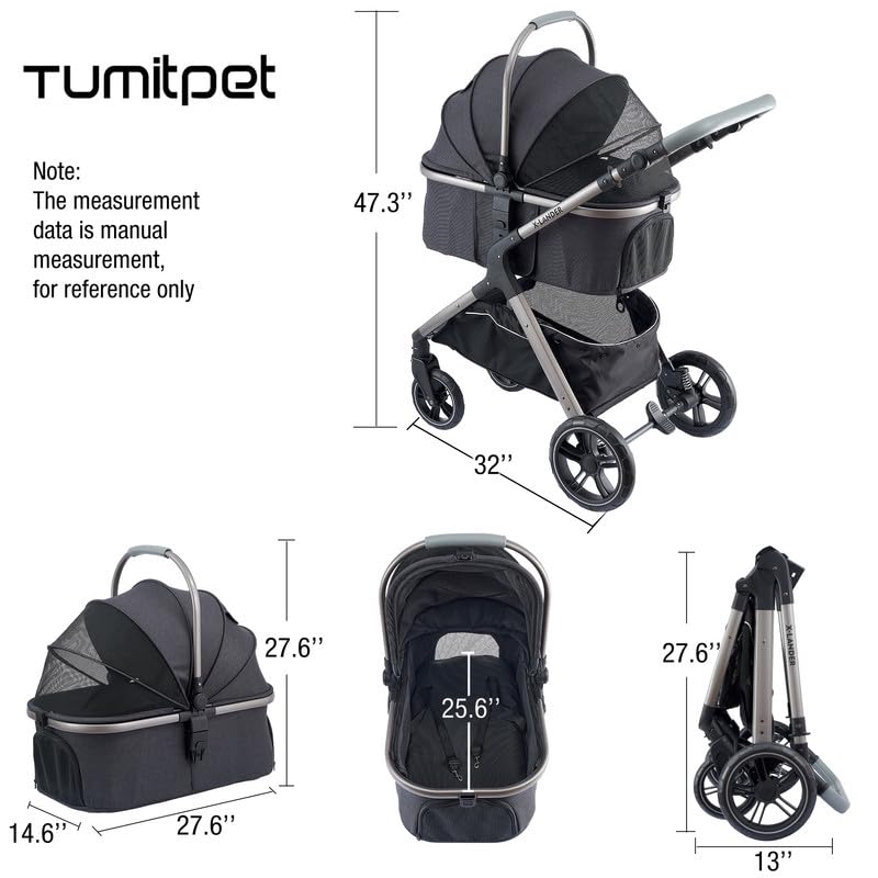 Pet Stroller for Small Medium Dogs, Cat Carriage Travel System Four Wheel Dog Stroller with Carrier, Zipperless Entry/Cup Holder/Storage Basket