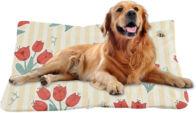 Red Floral Yellow Striped Puppy Bed for Crate Dog Crate Mattress Puppy Pad Dog Bed Washable Non-Slip Rectangle Mats for Dogs Carriers & Travel Products Indoor Outdoor 36X24 Inch
