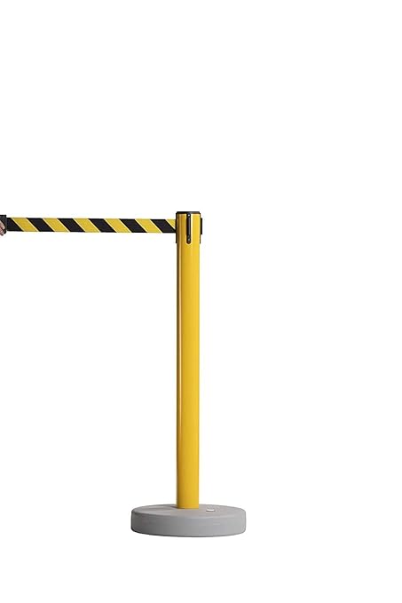 Crowd Control Warehouse CCW Set of 2 Retractable Belt Barrier Stanchion, Water Fillable Base MSH630 (11 Foot Belt, Yellow"Out of Service" Black Letters with Black PVC Plastic Post)