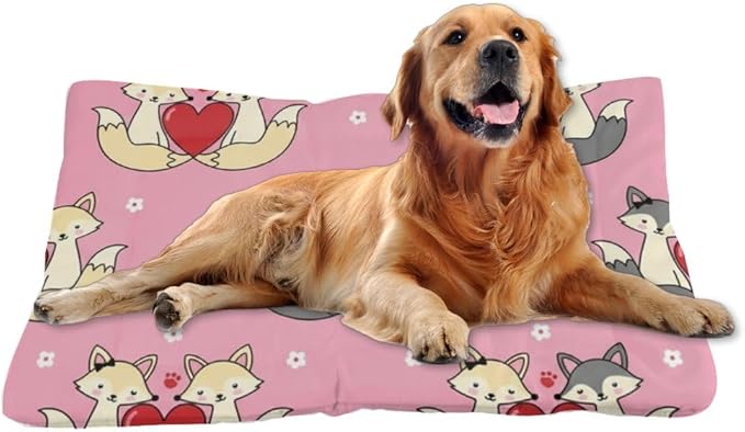 Romantic Fox Pink Teal Dog Bed Crate Mats Dog Create Pad Crate Beds Washable Non-Slip Cushions for Lining Pet Crates Comfy Bed Mat Little Indoor Outdoor 36X24 Inch