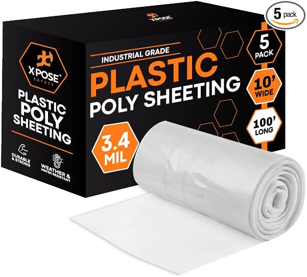 Xpose Safety Clear Plastic Sheeting 5 Pack – 10' x 100' Rolls – Heavy Duty 3.4 Mil Poly Sheet – Waterproof, Dustproof, Vapor Barrier – for Construction, Painting, Industrial Use