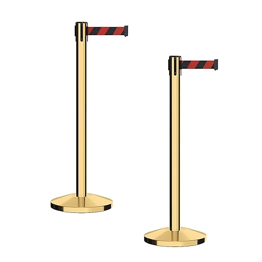 CCW Series RBB-100 - Set of 2 Stanchion Retractable Belt Barriers (7.5 Foot Belt, Black and Red Diagonal Belt with Polished Brass Post)