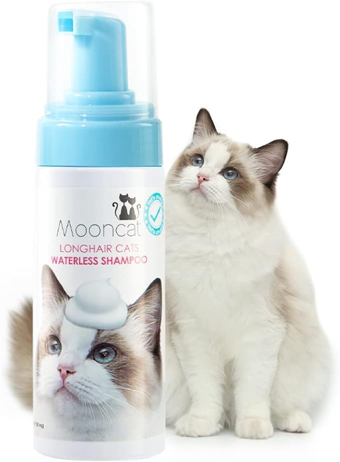 Mooncat Waterless Cat Shampoo for Longhair Cats | Licking Safe No-Rinse Dry Foam Bath for Detangling Matted Fur | Gentle Formula for Kittens & Sensitive Skin, pH Balanced - 5oz
