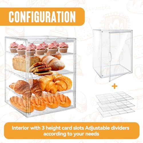 15.5 x 11.4 x 9.8 Inch 4-Tier-Party Display Case, Bakery Display Case Countertop,Adjustable Clear Bread Storage with Magnetic Door Bakery Pastry Display, Cookies and Donuts