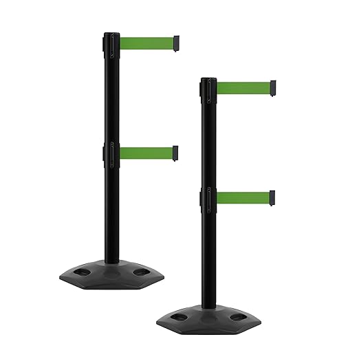 CCW Series WBB-200D - Set of 2 Retractable Dual Belt Barrier Stanchion, Heavy Duty Rubber Base, Black Post (7.5 Foot Belt, Green Belt)