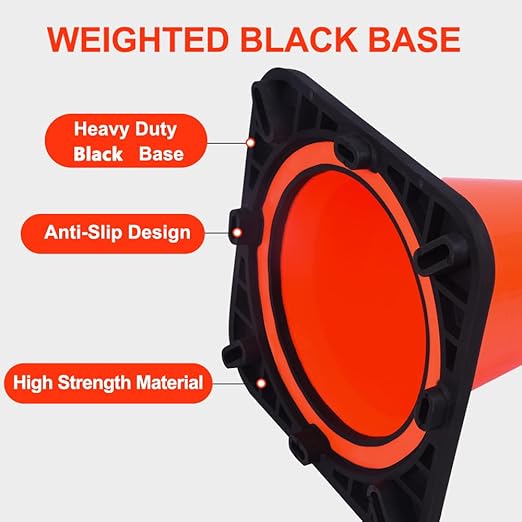 (5 Cones) BESEA 18" inch Orange PVC Cones Traffic Safety Cones Black Base Construction Road Parking Cone with 6" Reflective Collar