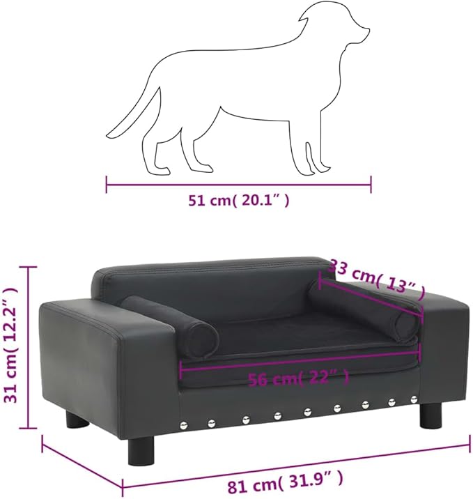 Modern Dog Sofa for Small Medium Dogs, Dark Grey Faux Leather Pet Bed with Plush Cushion, Durable Solid Wood Frame, Rectangular Indoor Cat Bed Lounge