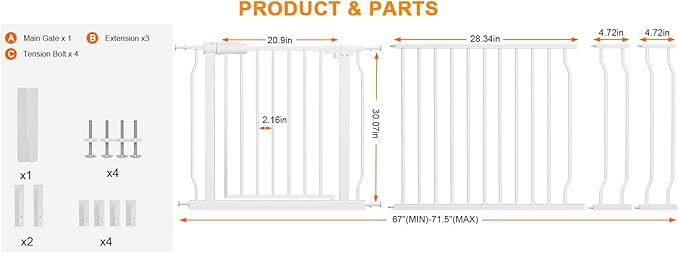 HOOEN Extra Wide Baby Gates 67-71.5 Inch Child Safety Gates for Stairs Doorways Hallway Indoor Pressure Mounted Walk Through Gate for Kids or Pets